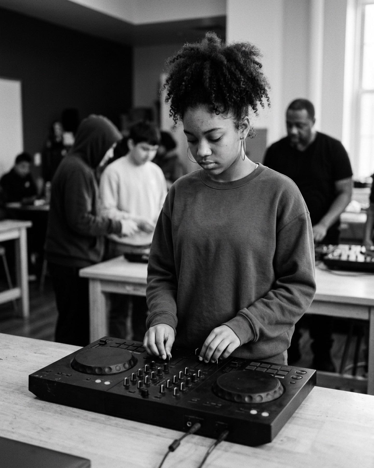 A teenage DJ at the decks in a workshop while classmates gather behind her